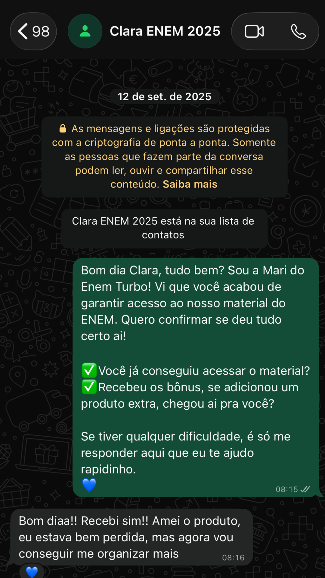 Print original da conversa de Clara