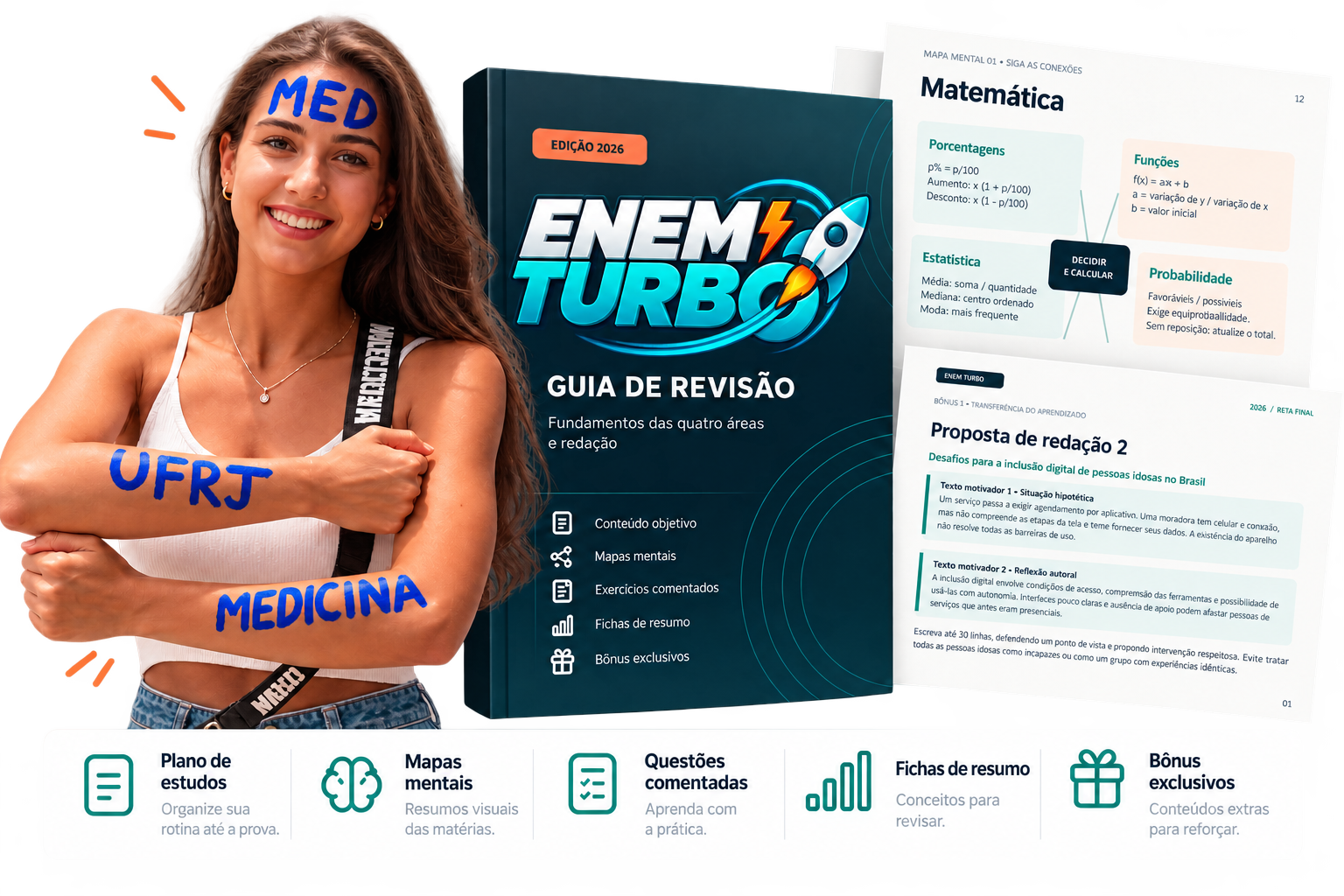 Mockup ilustrativo do ENEM TURBO com guia de revisão e páginas de estudo